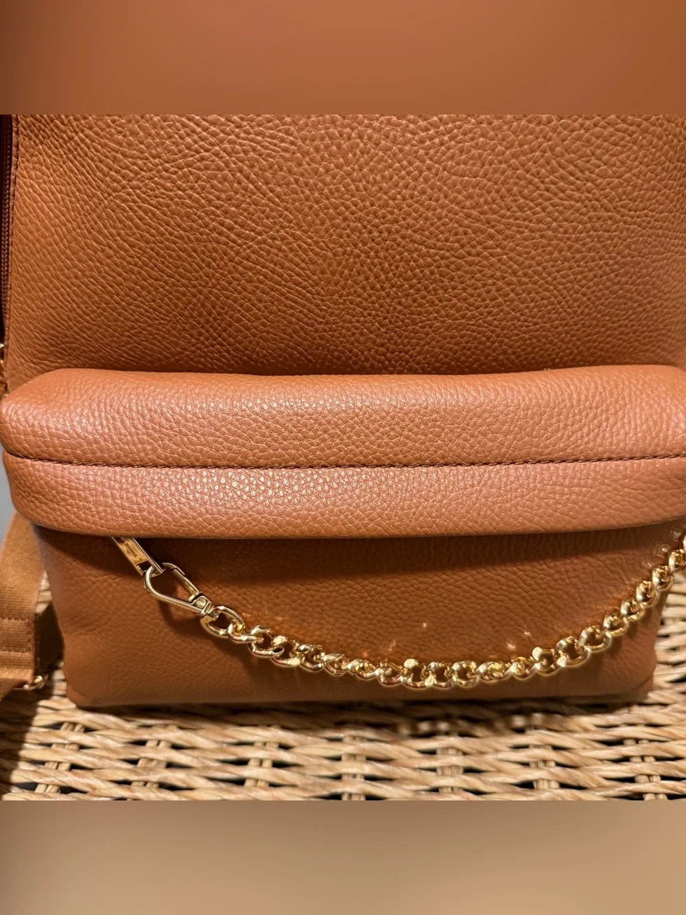 Michael Kors Medium Leather Backpack in Saddle Brown with Gold Chain